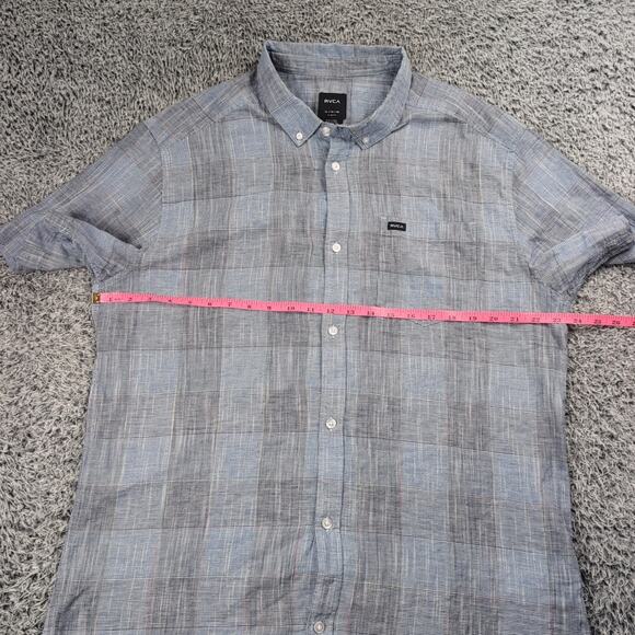 RVCA Shirt Men Extra Large Blue Linen Blend Plaid Button Up Short Sleeve Skater - Picture 4 of 7